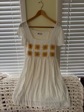 SO White Dress with Yellow & Pink Crochet Squares